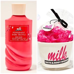 Two Piece Set BBW Milk Bar Peppermint Bark Truffle Body Wash & Bath Sponge